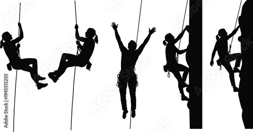 Rock climbing silhouettes collection featuring climbers rappelling and scaling vertical wall, adventure sport vector illustration set isolated on white background