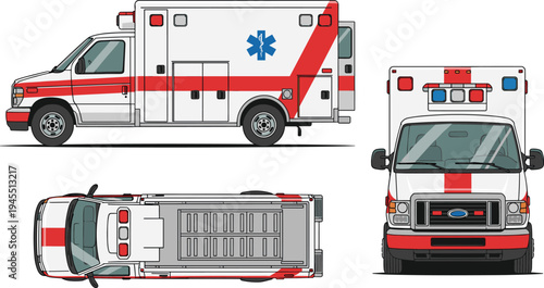 Ambulance emergency medical vehicle multiple views side front and top detailed healthcare transport vector illustration isolated rescue service design