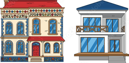 Vector illustration of traditional decorative house with floral patterns and a modern minimalist white villa with balcony isolated on white background for architectural design.