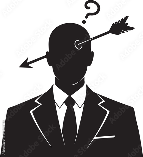 Concept of Mental Stress and Business Pressure Vector Illustration Featuring a Businessman Silhouette with an Arrow Through the Head and a Question Mark Icon Representing Confusion and Problems.