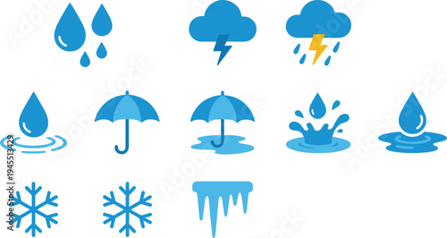 Blue weather icons collection featuring rain drops, umbrella, thunderstorm cloud, splash water, snowflake and icicles, meteorology climate symbols set for forecast, storm, winter and rainfall concept
