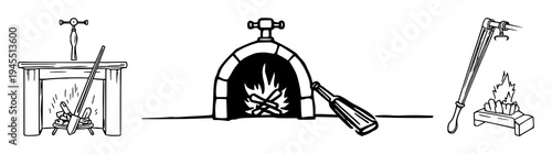 Bellows set with minimalist line art style featuring vintage, fireplace, hearth decor with simple strokes and isolated on white