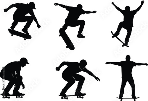Skateboarder silhouettes performing tricks collection featuring extreme street skating jumps and freestyle stunts, sport vector illustration set isolated on white background