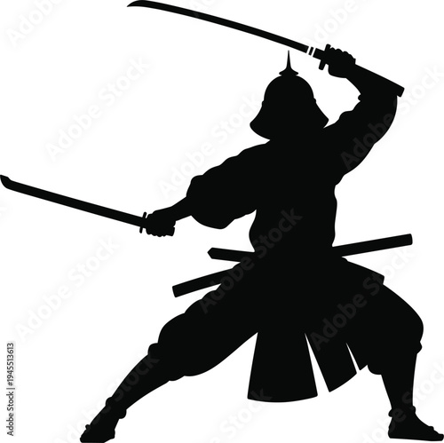 Samurai warrior silhouette holding dual katanas in a dynamic combat pose, traditional Japanese martial arts vector
