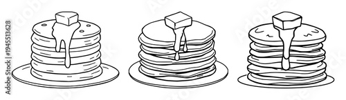 Pancakes set with doodle style illustration of a stack of pancakes and a melting butter cube featuring breakfast, food, illustration with white background and simple lines
