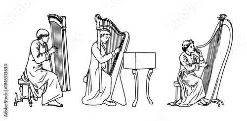 Harpsichord player set with continuous line art featuring a musician, musical instrument, Baroque art with single stroke and minimalist design