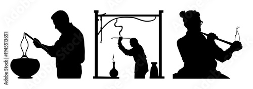 Glassblower silhouette set with solid black outline and blowpipe shaping molten glass featuring glassblowing, artisan work, molten glass with fire and furnace