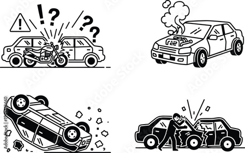 Car accident and vehicle breakdown illustration set with collision motorcycle crash overturned car and damaged engine vector line art