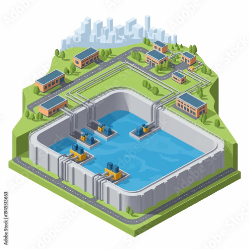 Isometric Water Treatment Plant with Cityscape Background.