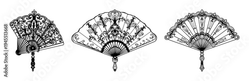 Folding fan set with ornate Victorian line art featuring royal decorative aesthetic, isolated on white with graphite and crisp lines