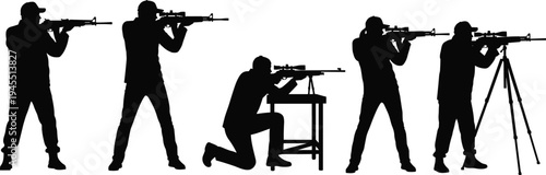 Sniper shooter silhouettes collection featuring marksman aiming rifle in tactical shooting positions, military vector illustration set isolated on white background