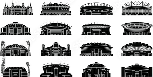 Stadium building silhouettes collection featuring modern sport arenas, football stadium architecture icons, large event venues and arena structures vector set isolated on white background