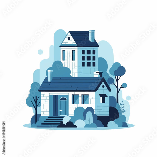 Two charming houses nestled amongst lush trees and foliage.