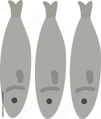 Simple flat sardines icon set showing three fish silhouettes. Clean seafood vector illustration suitable for menus, fish markets, packaging, and food design.