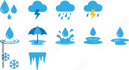 Blue weather icons collection including rain drops, thunderstorm cloud, umbrella, water splash, puddle ripple, snowflake and icicle symbols isolated for meteorology forecast and climate design