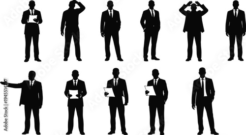 Business people silhouettes collection with different poses holding documents and laptop, professional corporate team standing, office workers isolated vector set for leadership, management, and 