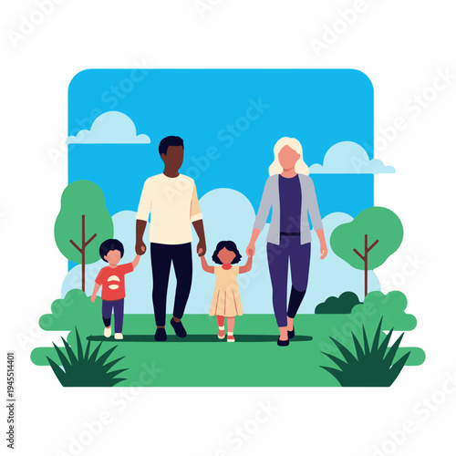 Family walking together in park with children enjoying nature and bonding time, showcasing love and connection.