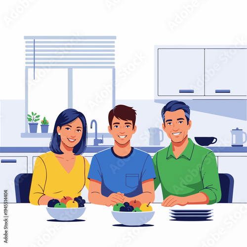 Family enjoying meal together at kitchen table with fresh fruit in bowls. Family members smile while sitting around table that displays healthy food options,