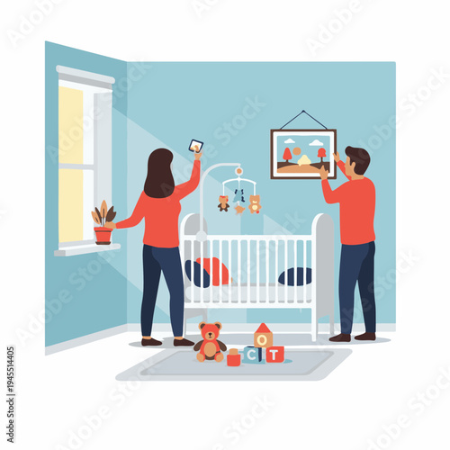Parents decorating nursery with mobile and wall art in bright room. Couple admires toys and design while preparing nursery for future child. Concept for adoption and welcoming new baby into family.