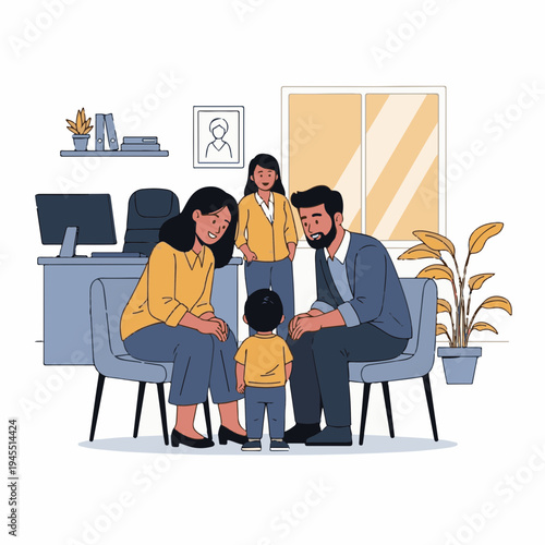 Family meeting in office with parents talking to child and social worker present, discussing adoption process.