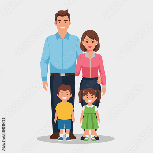 Happy family portrait with parents and two children smiling together. The family features a dad, mom, son wearing yellow shirt, and daughter wearing green dress.