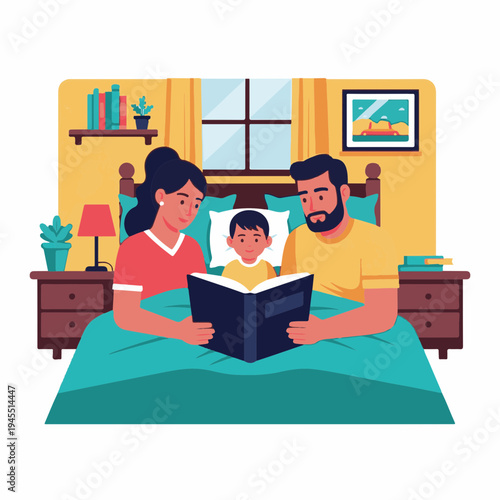 Family reading time in cozy bedroom with parents sharing storybook with child. Family storytelling creates bonding moments and nurturing environment for child development. Ideal for adoption theme.
