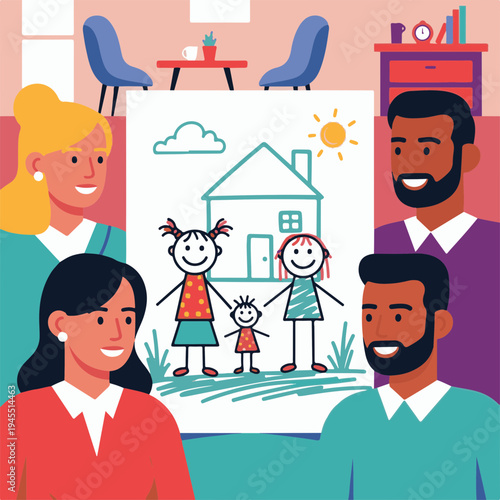 Family adoption concept with happy people looking at child's drawing of family and house, smiling faces of diverse adults celebrating adoption journey together.