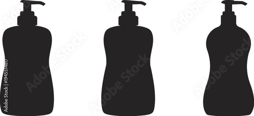 Set of pump bottle silhouettes for cosmetics, lotion, shampoo, soap containers, clean minimal packaging design elements for branding and illustration