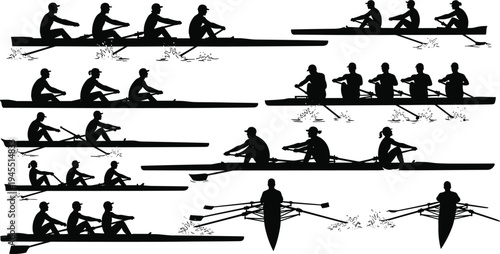 Rowing team silhouettes collection featuring multiple crew boat formations, athletes paddling in sync on water, black vector style illustration isolated on white 