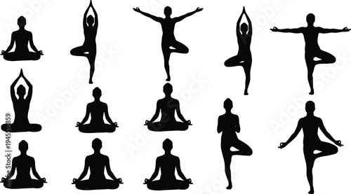 Yoga pose silhouettes collection featuring meditation, lotus position and tree pose, healthy lifestyle fitness practice vector illustration set isolated on white background