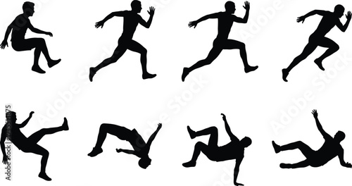 Silhouette Set of Man Running Jumping and Falling, Athletic Action Poses for Vector Illustration