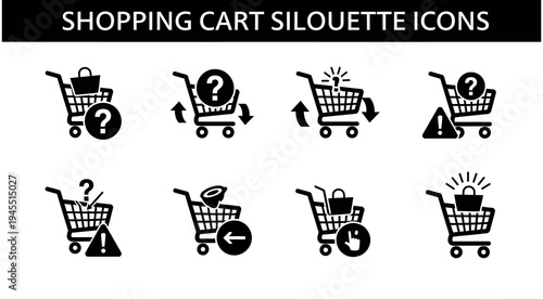 Shopping cart silhouette icons set with various actions and states