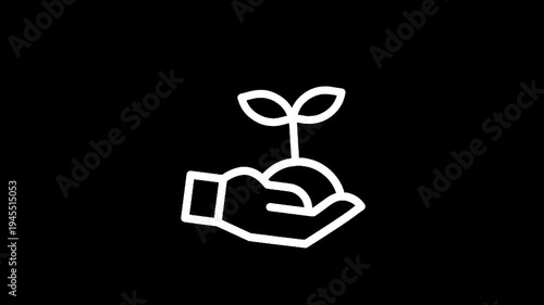 White line icon of a hand holding a seedling with soil on a black background