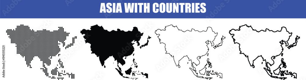 Obraz premium Asia map with countries, vector illustration of the asian continent outline in different styles and colors on a transparent background
