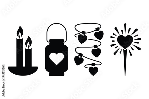 Romantic icons: candles, lantern, heart garland, sparkler