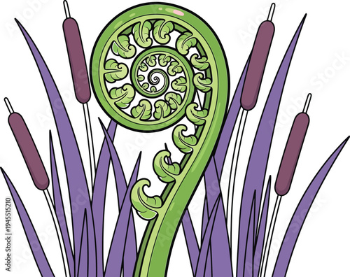 Vibrant green fern frond with purple cattails isolated on white background