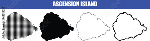 Ascension Island map collection including solid silhouette thin line outline and halftone dot patterns on transparent background