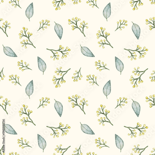 This design features a hand painted seamless pattern showing leaves and small flowers. The arrangement has a light background that makes the shapes stand out. The pattern can be used for various proje