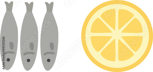 Minimal icon showing three sardines and a lemon slice. Simple seafood illustration perfect for restaurant menus, fish packaging, and culinary graphics.