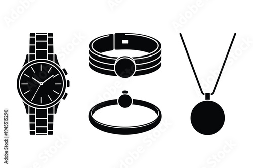Watch and jewelry icons: wristwatch, bracelets, pendant necklace