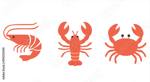 Minimal red line icons of shrimp, lobster, and crab. Clean seafood symbol set suitable for menus, restaurant branding, packaging, or marine design themes.