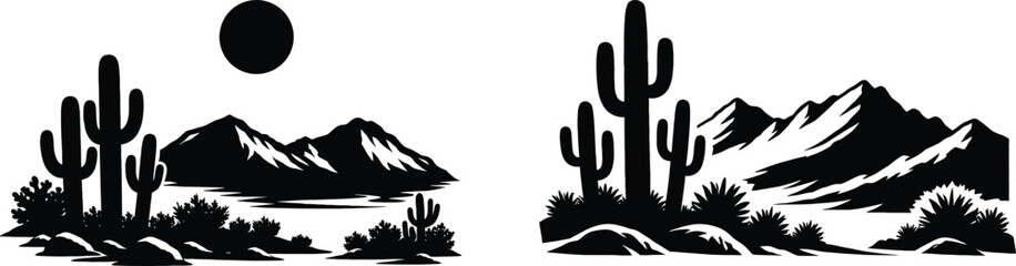 Sierkussen Zwart Saguaro cactus and desert mountain peaks landscape silhouette vector set with sun. Rugged mountain ranges, and arid wilderness elements.  © Mdibrahim