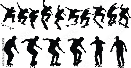 Skateboarder silhouettes set showing skaters performing jumps, tricks and freestyle skateboarding isolated black vector illustration collection for extreme sport design