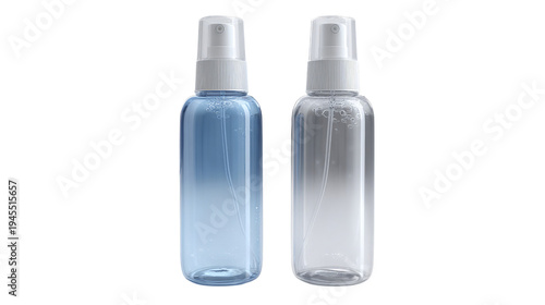 Two spray bottles, one filled with blue liquid and the other clear, showcasing a sleek design for cosmetic or cleaning products on a transparent background.