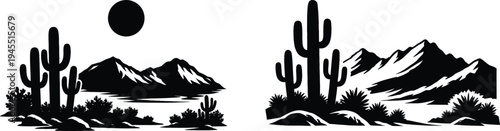 Saguaro cactus and desert mountain peaks landscape silhouette vector set with sun. Rugged mountain ranges, and arid wilderness elements.