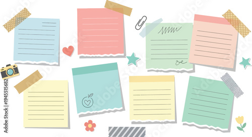 Colorful sticky notes with paper clips and decorative items scattered around