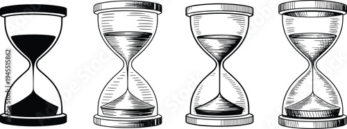 Vintage hourglass sand timer collection illustration showing flowing time concept engraved style antique sandglass icons isolated deadline countdown patience urgency history symbol