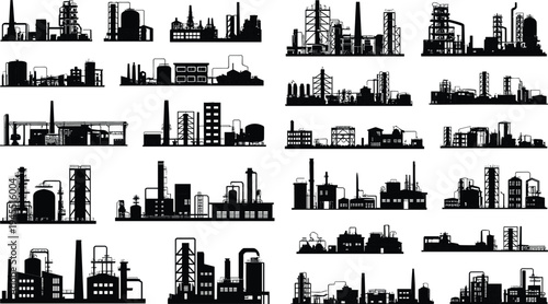 Industrial factory silhouettes, manufacturing plant collection, refinery and power station graphics, industry skyline set, engineering structures illustration pack