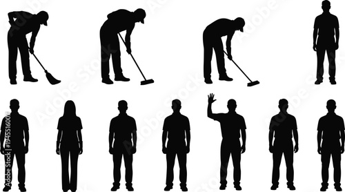 Collection of cleaning worker silhouettes with broom and mop, janitor and sanitation staff standing figures set, maintenance service people isolated for industry design use