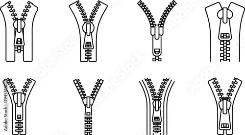 Zipper icon set clothing fastener zip open and closed fashion tailoring garment accessory line vector illustration collection isolated
